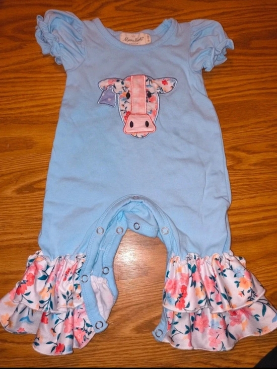 Marie Nicole Other - Baby Blue Floral Cow Applique Ruffle Romper by Marie Nicole